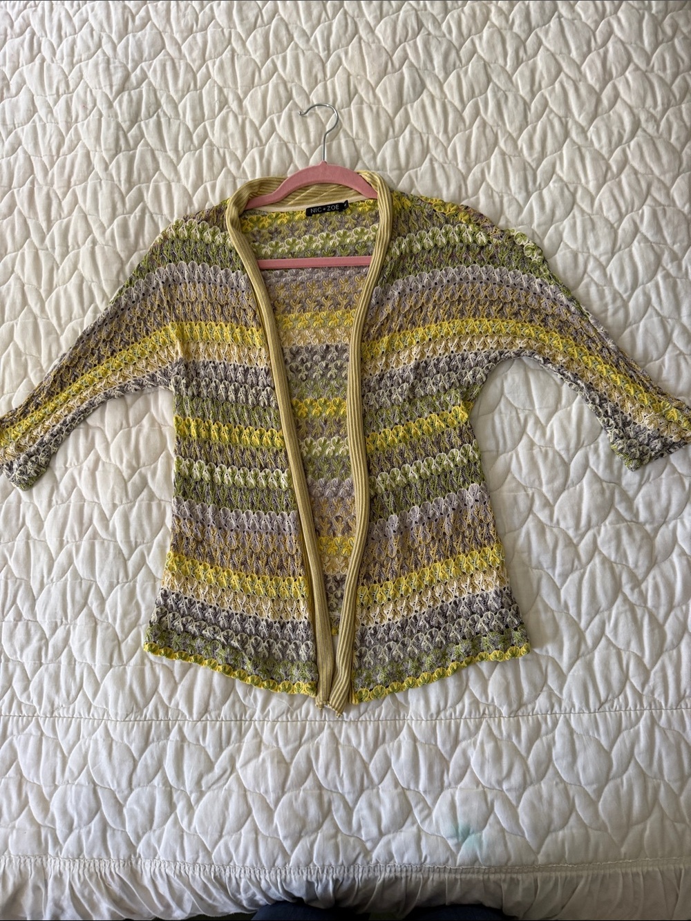 NIC+ZOE Open-Knit Striped Cardigan in Yellow, Olive & Gray